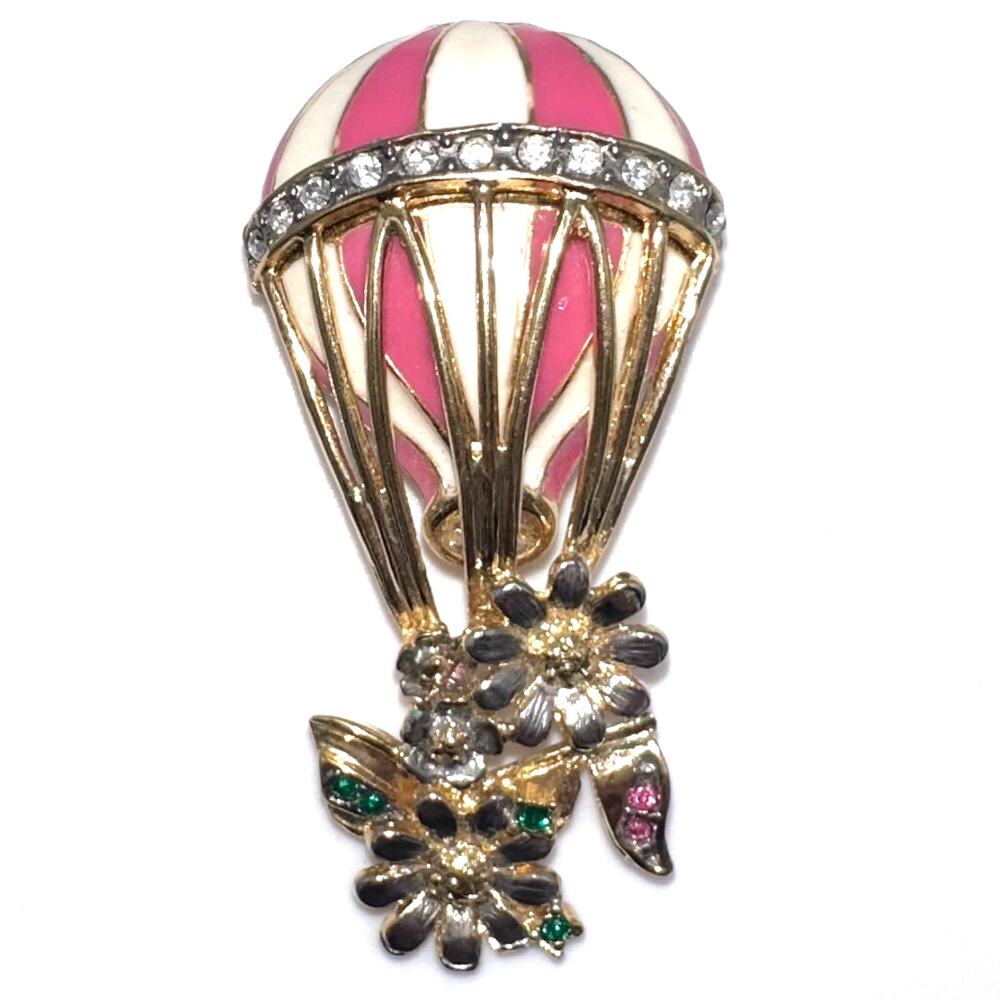 Butler vintage gold silver tone pink enamel hot air balloon rhinestones brooch